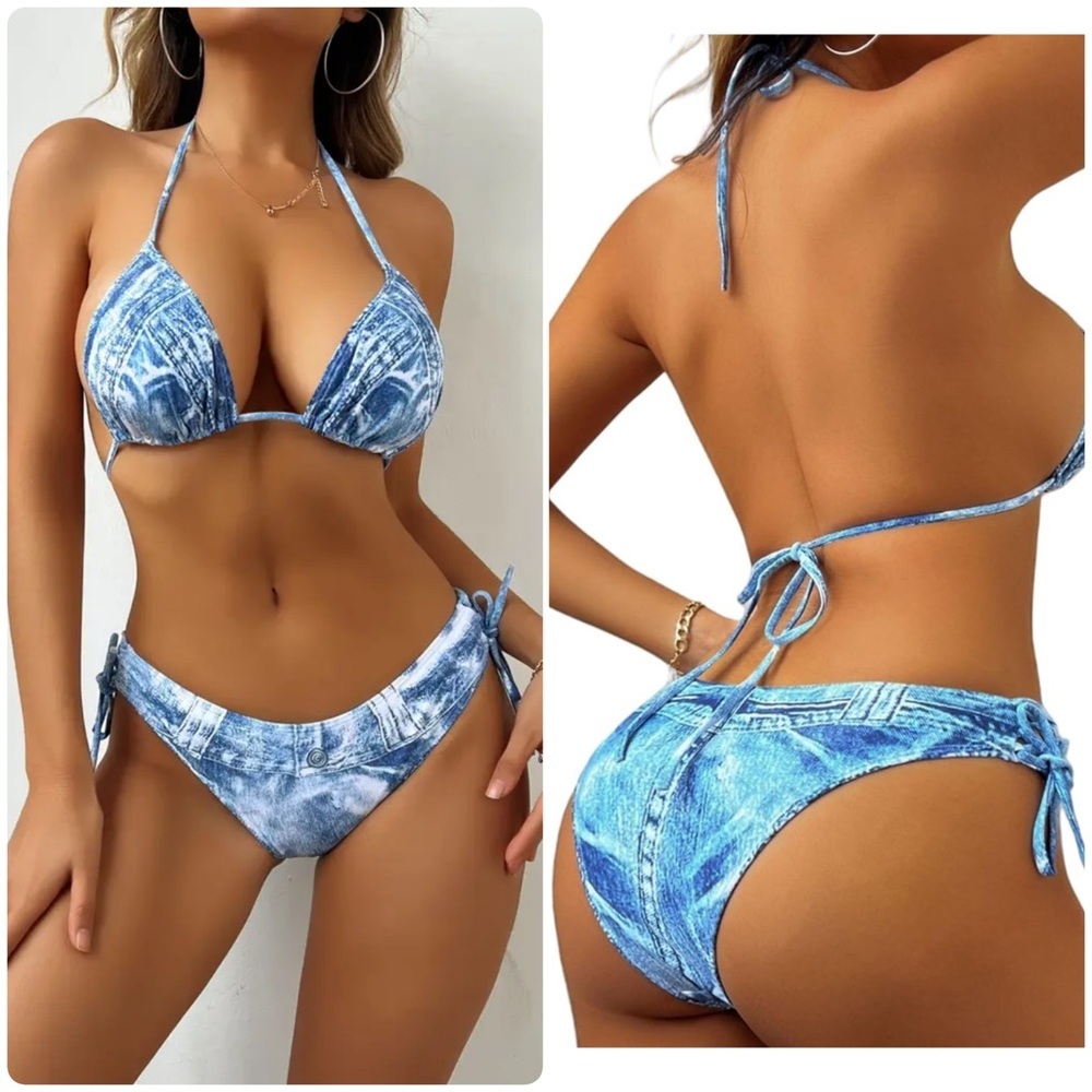 Blue Faux Denim Halter Bikini Set